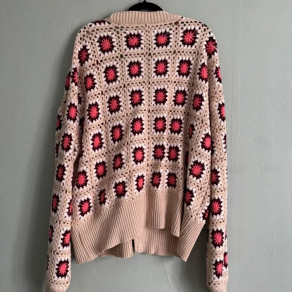 PacSun Womens Large Crochet Granny Square Cardigan Pink Tan Cotton Knit Sweater - Picture 9 of 13